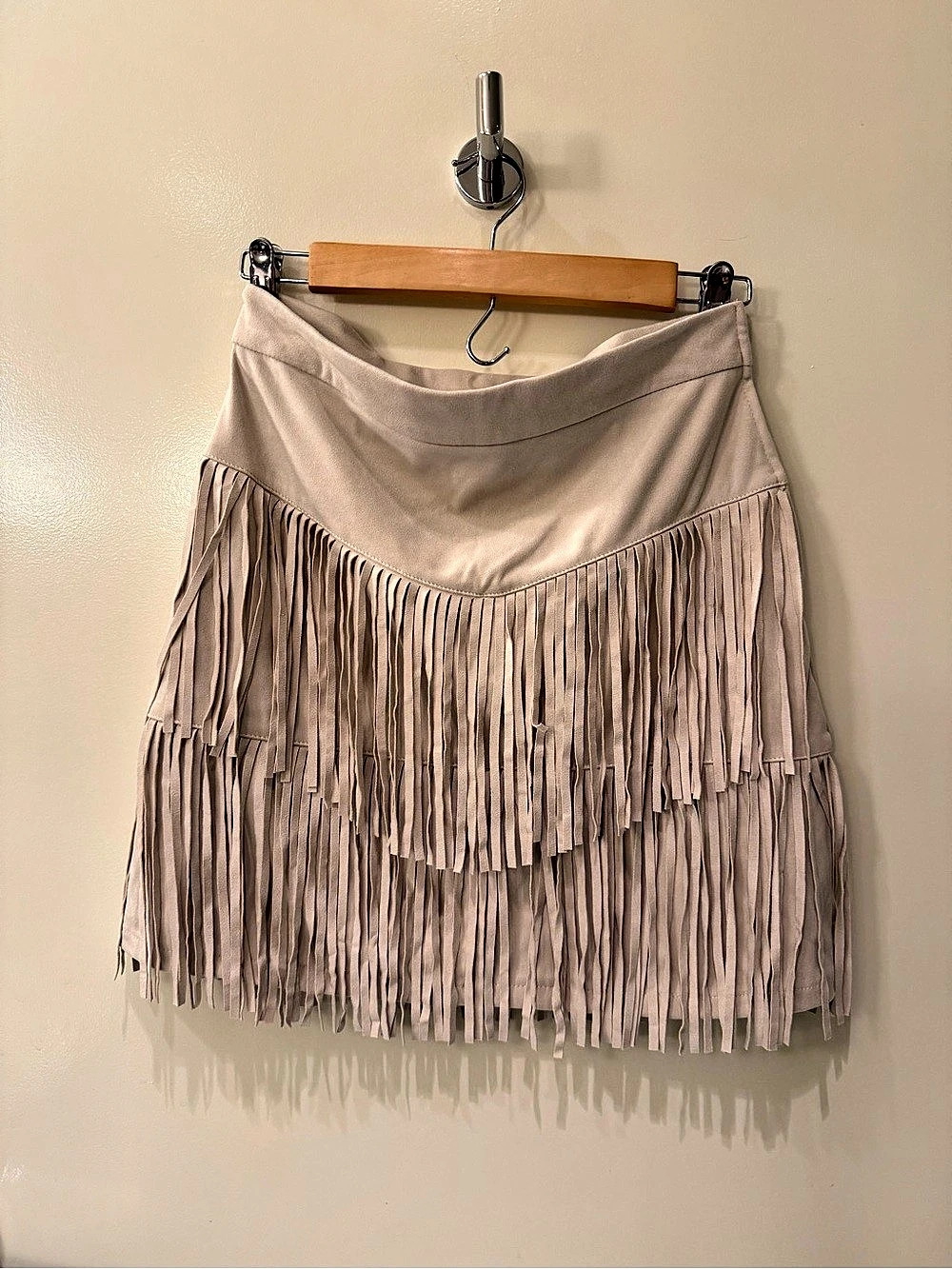 Francesca's Alya Fringe Sueded Skirt Beige Small NWT